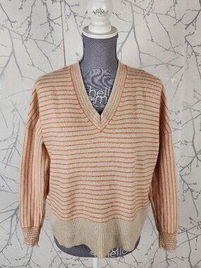 Duffy Orange Stripe 100% Cashmere Knit V-Neck Boxy Fit Sweater